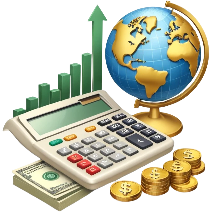 An icon featuring a calculator, a dollar sign, and a chart with upward trends, symbolizing economics. The design includes coins, bills, and a globe, representing global trade and financial systems. Transparent background highlights the study of markets, supply, and demand. emoji