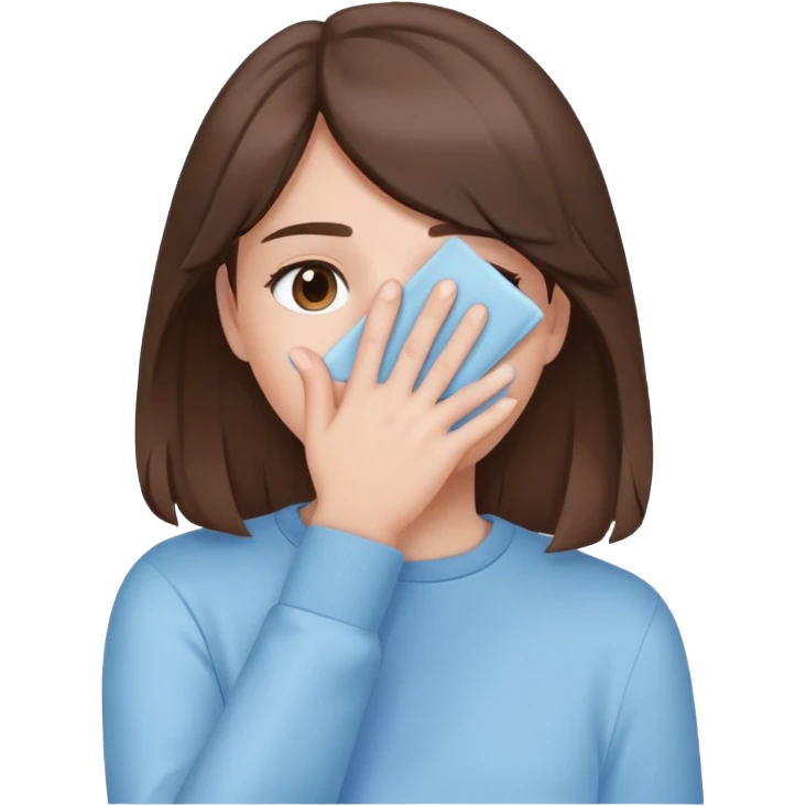 brunette girl with brown hair wearing pastel blue clothes covering her face with her hand emoji