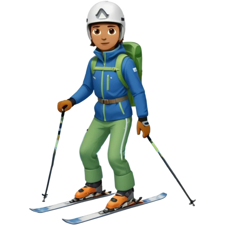 Man, skiing, White helmet, blue Jacket, Green trousers, background Matterhorn emoji