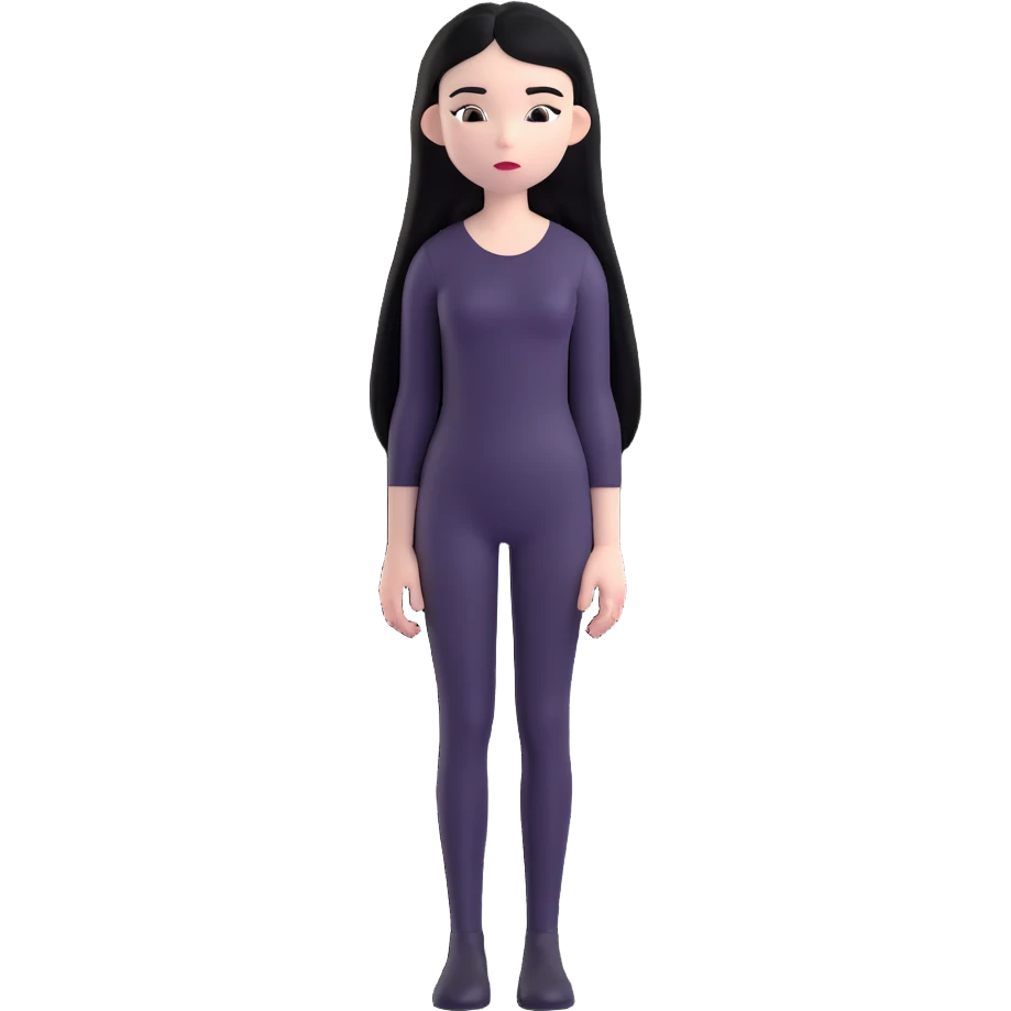 full body emoji of a girl with pale skin, long straight black hair, dressed in all black, standing still, minimal facial expression emoji