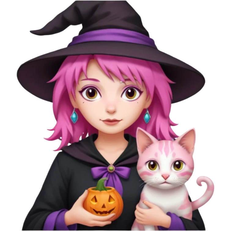 Witch with cat companion, pink haired emoji
