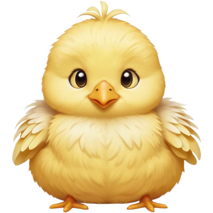 Cinematic round fluffy chick, golden yellow, tiny beak and feet, soft downy feathers, sparkling gentle eyes, sitting on a pastel-colored cushion, radiating warmth and sweetness. emoji