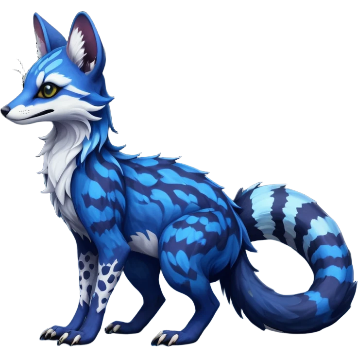 Feral Rare Fantasy scaled scaly evil spooky vibrant dark shady shaded detailed deep-dark-cobalt-blue-gradients-colored colorful Vernid-Sergal-Genet-Trico-Fox-species by LiLaiRa, with dark-blackish points, white belly, random markings, tufted tail, tufted ears, full body emoji