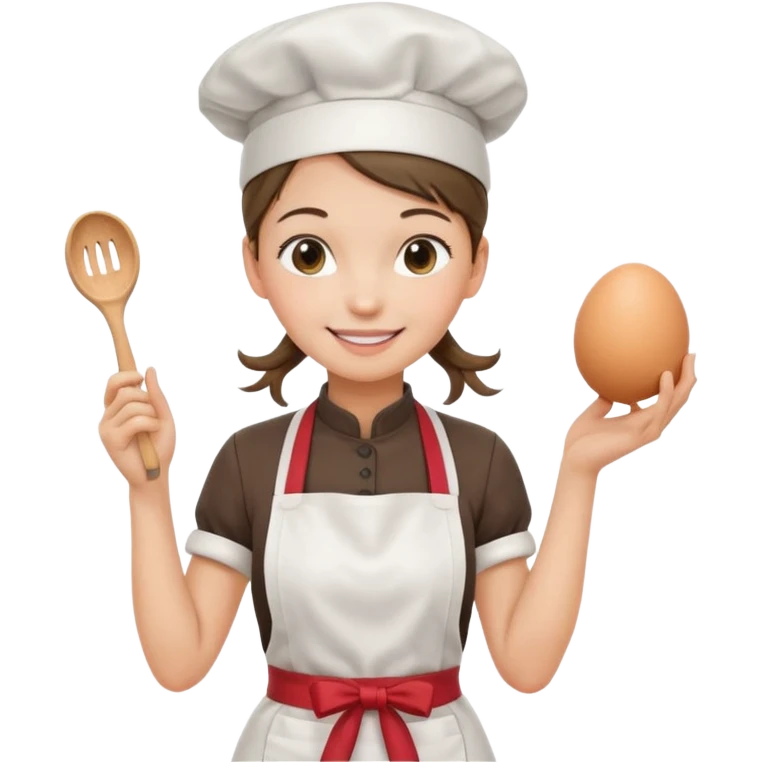 Young female pastry chef - ponytail, apron, wearing a white hat, holding an egg beater in her right hand, and naturally hanging her left hand to her side emoji