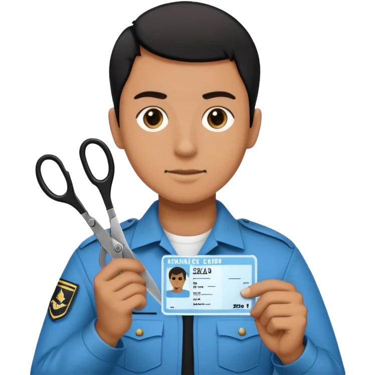 Floating black Scissors cutting a light blue military ID card in 2 parts .hyper realistic emoji
