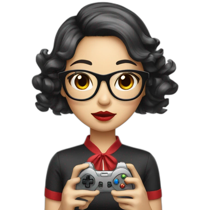Asian girl with black wavy hair holding game controller wearing glasses red lips emoji