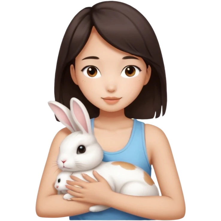 A young Asian woman with dark brown, almost Asian girl with dark brown hair, brown eyes, light Asian skin, add soft makeup and dress in tank top and hugging a one white rabbit with light brown spots, soft and warm atmosphere.
  emoji