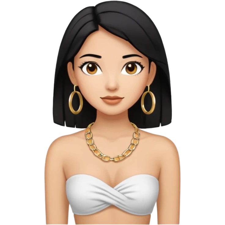 latina makeup olsun, saçları düz, halka küpeler büyük gümüş renginde olsun, kolye taksın ve beyaz bir Bandeau top kıyafet giyisin emoji