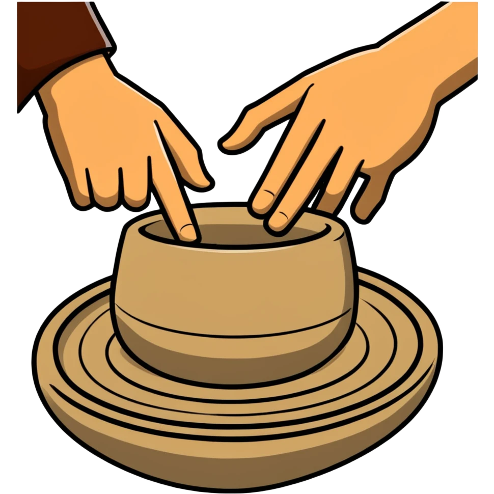 thumb pressing side of clay down onto a silver pottery wheel, thumb at the bottom of the clay, pottery gesture emoji
