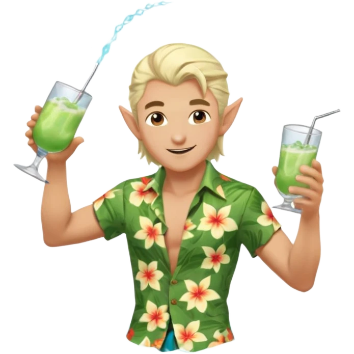 elf male legolas Unbuttoned Hawaiian shirt, swim trunks, shaking a cocktail shaker (sparks flying) emoji