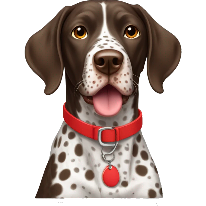 Brown spotted German short haired pointer  with ticking with red collar  emoji