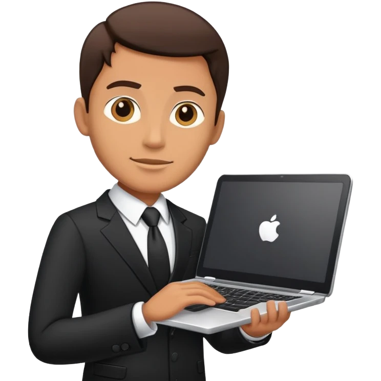 Businessman in a black business suit holding a laptop with PrimeCopy written on it emoji