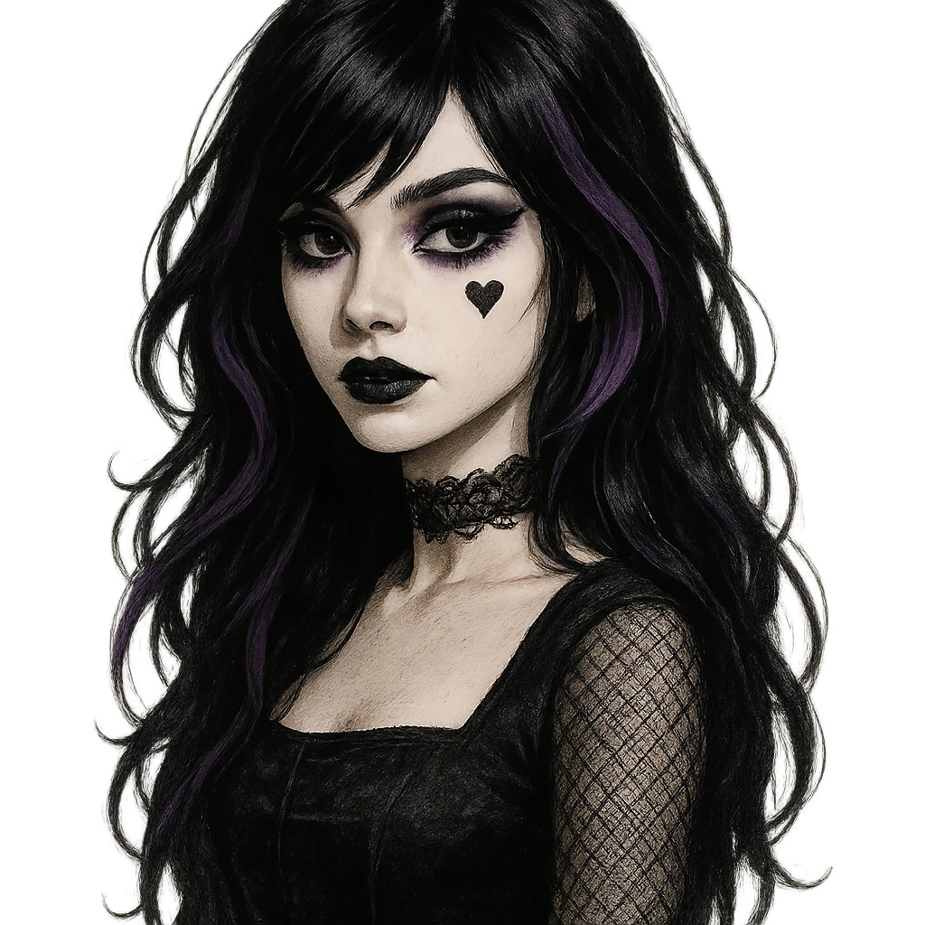 emo girl with heart face, dark hair, purple highlights, gothic makeup, mysterious and elegant emoji