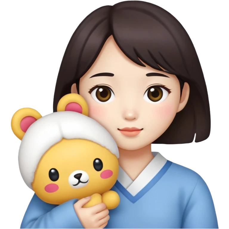 Korean girl holding a plushy emoji