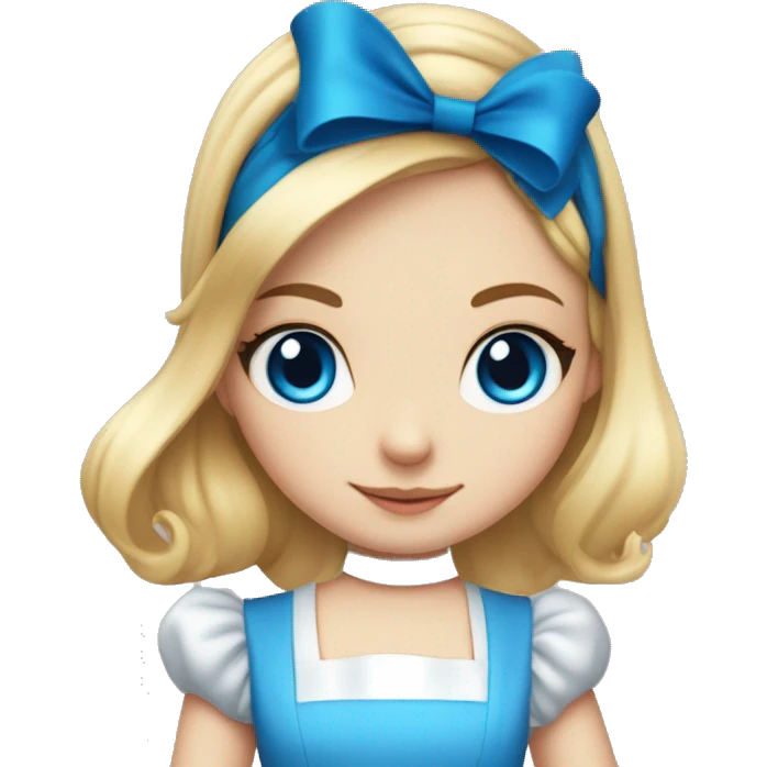 alice in wonderland, blonde girl with blue dress and white apron, blue eyes, black headband with bow on top  emoji
