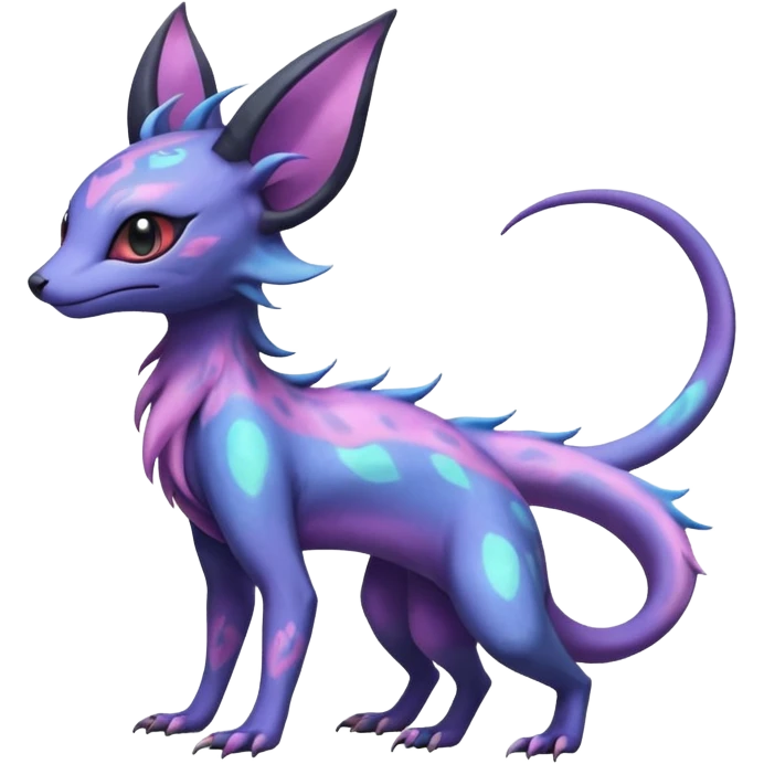 Rare realistic cool cute epic aesthetic colorful Salandit-Amaura-Espeon-Genet-species-Fakemon-hybrid-creature, with markings, full body emoji