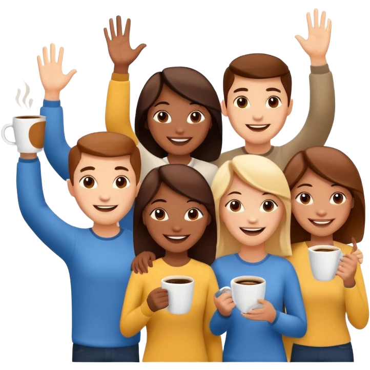 group of happy people waving with coffee cup and sun, expressing 'Good morning and happy Friday, team!' cheerful energy emoji