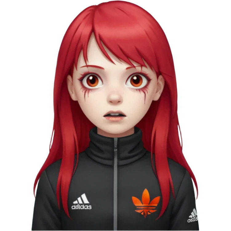 Crie um emoji de uma menina zumbi  com o cabelo vermelho longo com uma franja reta casaco de gola alta da adidas emoji