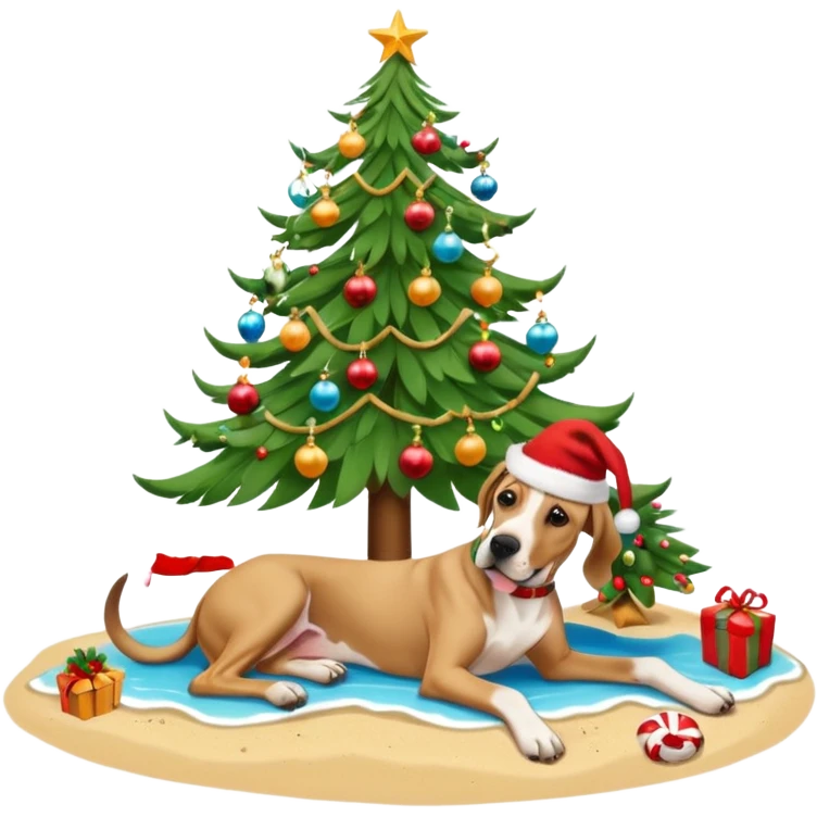 Fawn Great Dane laying on a tropical beach with a Christmas tree and dog bones under the tree emoji