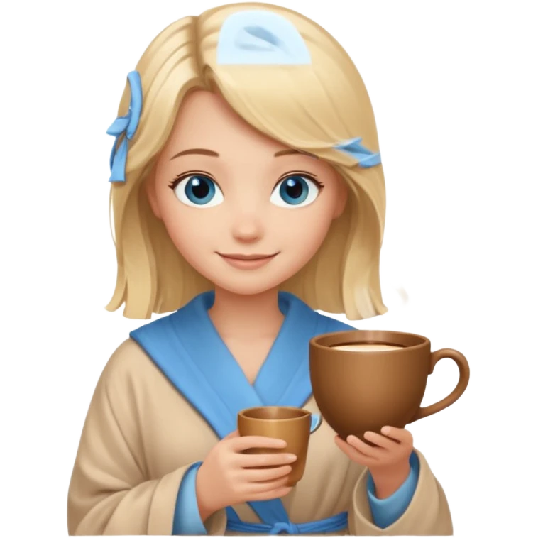 cozy blonde girl with middle length hair and blue eyes holds a brown cup in abeige  robe emoji