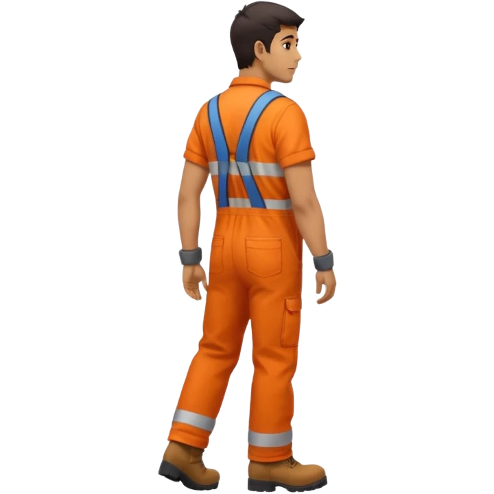 Indian male railway engineer orange overalls, boots walking back view emoji