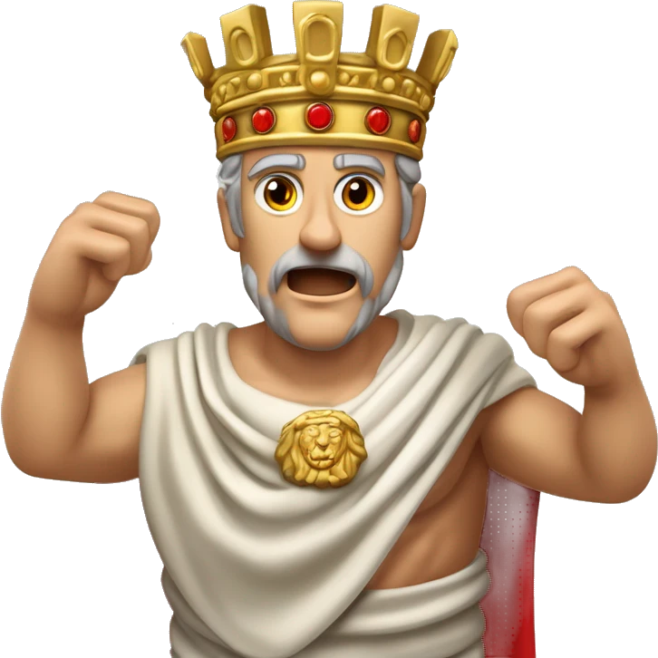 Um imperador de pé, com a toga vermelha fluindo com o movimento, rosto contorcido de raiva, olhos arregalados e punhos cerrados. Ele está jogando sua coroa de louros dourada no chão com força. emoji