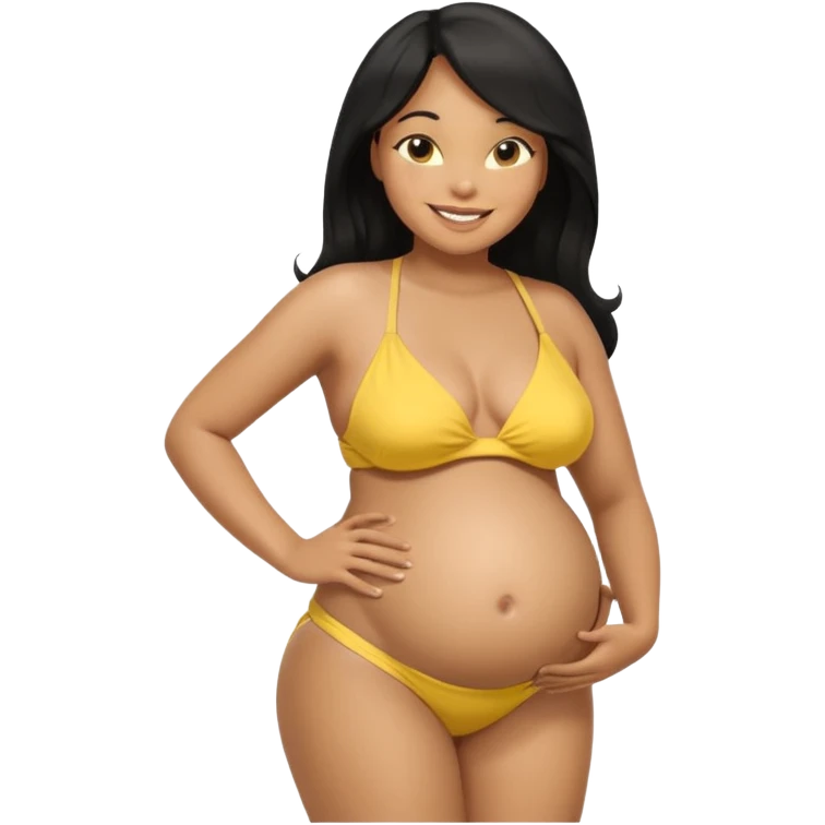Black girl, long black hair, yellow bikini top, smiling, bare midriff, brown eyes, huge round pregnant belly, yellow bikini bottoms, side view emoji