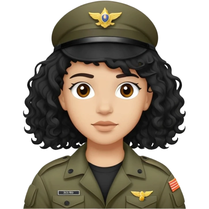 a light skin teen-w jet black wavy hair,and brown eyes in military rig emoji