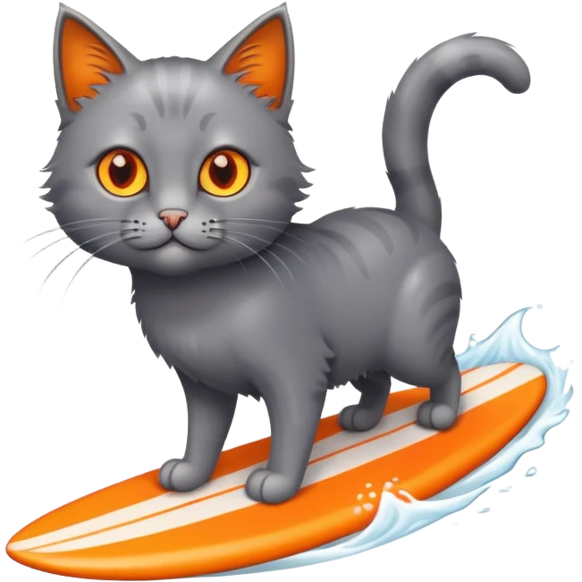 A grey cat with orange eyes surfing emoji