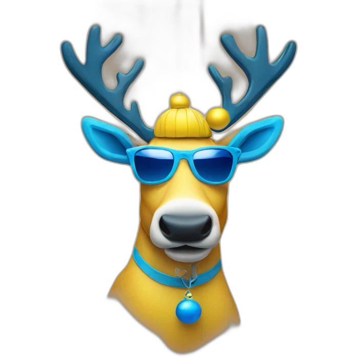 yellow reindeer with blue wood and xmas balls on it wearing sunglasses emoji