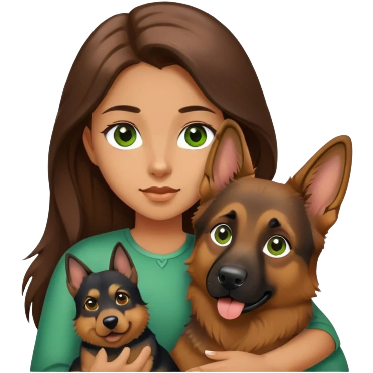 girl with long brown hair and green eyes holding a german shepherd  emoji