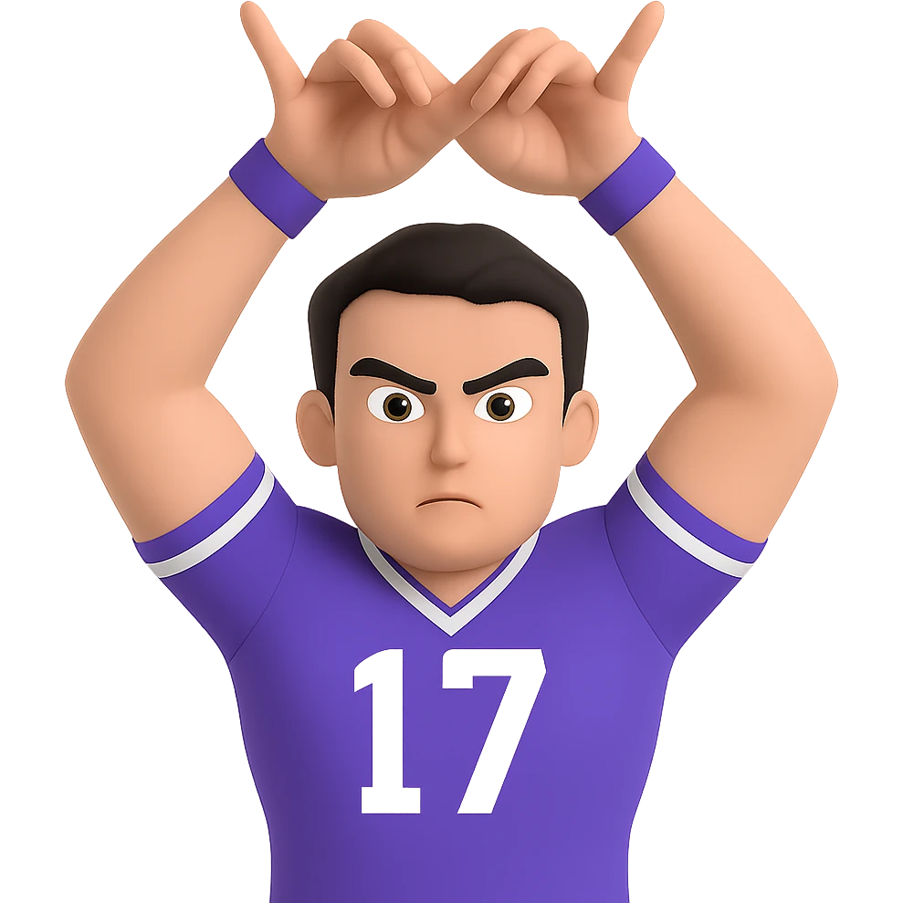 Edit the image to change the hand pose: palms facing inward, fingers spread and bent, crossing above knuckles, thumbs crossed and pointing up like horns. Keep the intense expression, short dark hair, sporty jersey, and flexed arms. Maintain the emoji style look with a transparent background. emoji