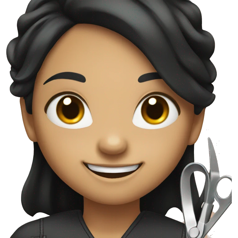smiling girl with black hair holding scissors emoji