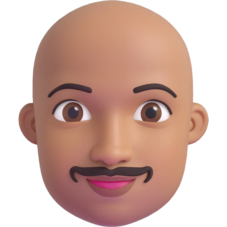 Oxumarê as a very happy smiling 37-year-old bald Black man with smooth oval head, indigenous facial features, mustache with goatee (no hair on sides of face), contour from chin to lips, and a beauty mark on left side below lip, Memoji style emoji