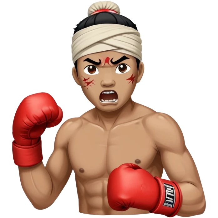 A traditional Lethwei fighter with wrapped bare fists and a traditional Burmese headband (gaung baung), shouting with fierce intensity, blood mark on glove, gritty and raw appearance, Burmese boxing emoji