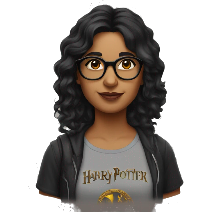 indian woman with dark wavy hair, sunglasses on her head and a harry potter tshirt emoji