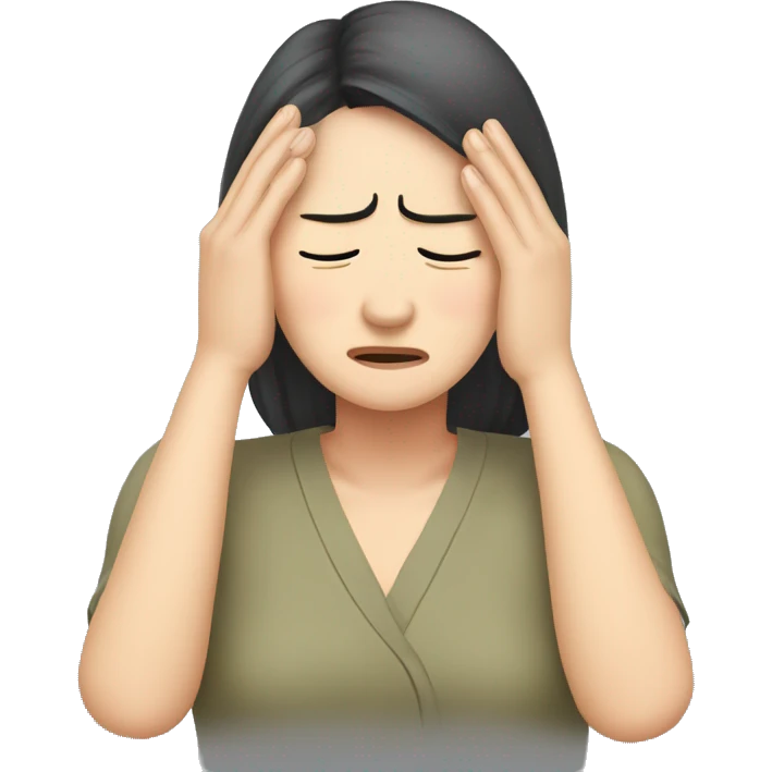 Headache, middle-aged Korean woman in her 40s, with one hand on her head, painful face emoji