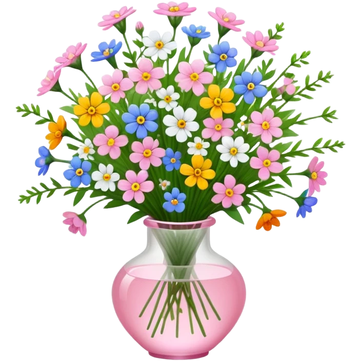 Huge bouquet of tiny wildflowers in a clear light pink glass vase emoji