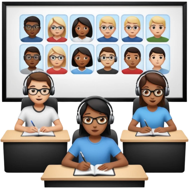 Birdseye view of large study space with students working separately add students wearing Vision Pro headsets emoji