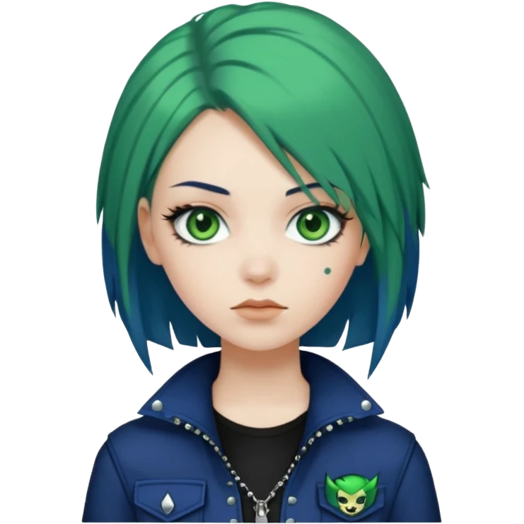 woman with white skin and green eyes, her hair is shoulder length black with navy blue hime cut layers, wearing green and blue y2k and punk themed clothes  emoji