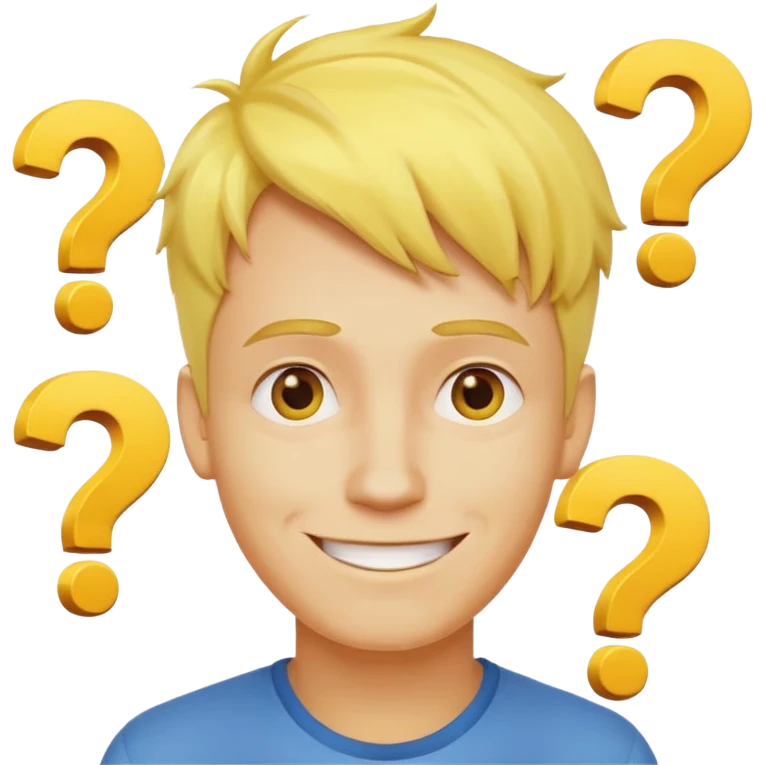make his skin and hair yellow, he's smirking and looking in the left corner, add question marks abobe his head emoji