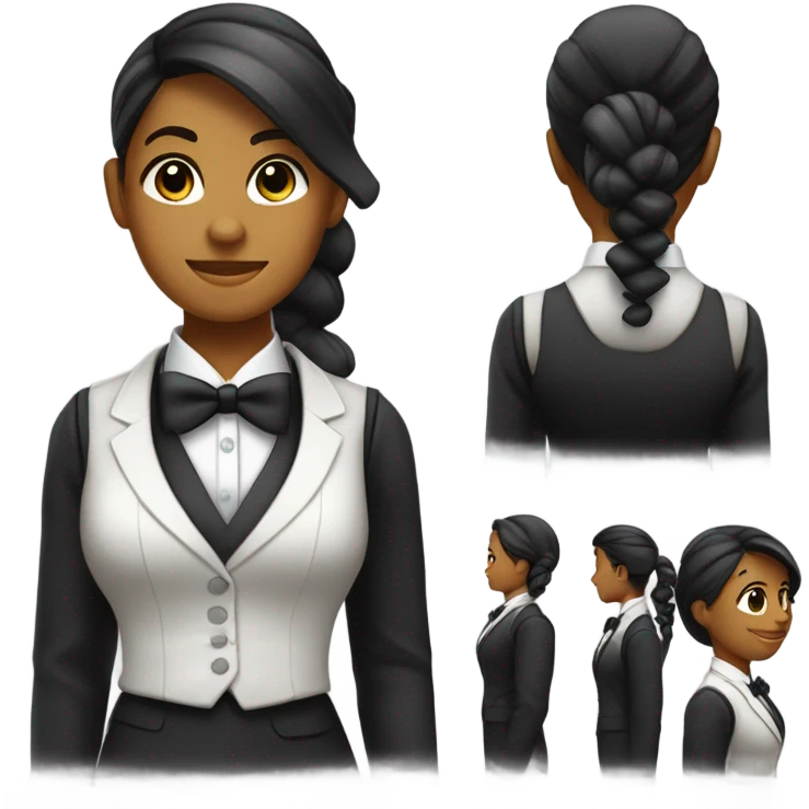 a female butler with a professional and elegant demeanor. She has her hair neatly tied in a ponytail and wears a classic butler uniform, including a tailored vest, crisp white shirt, and bow tie. emoji