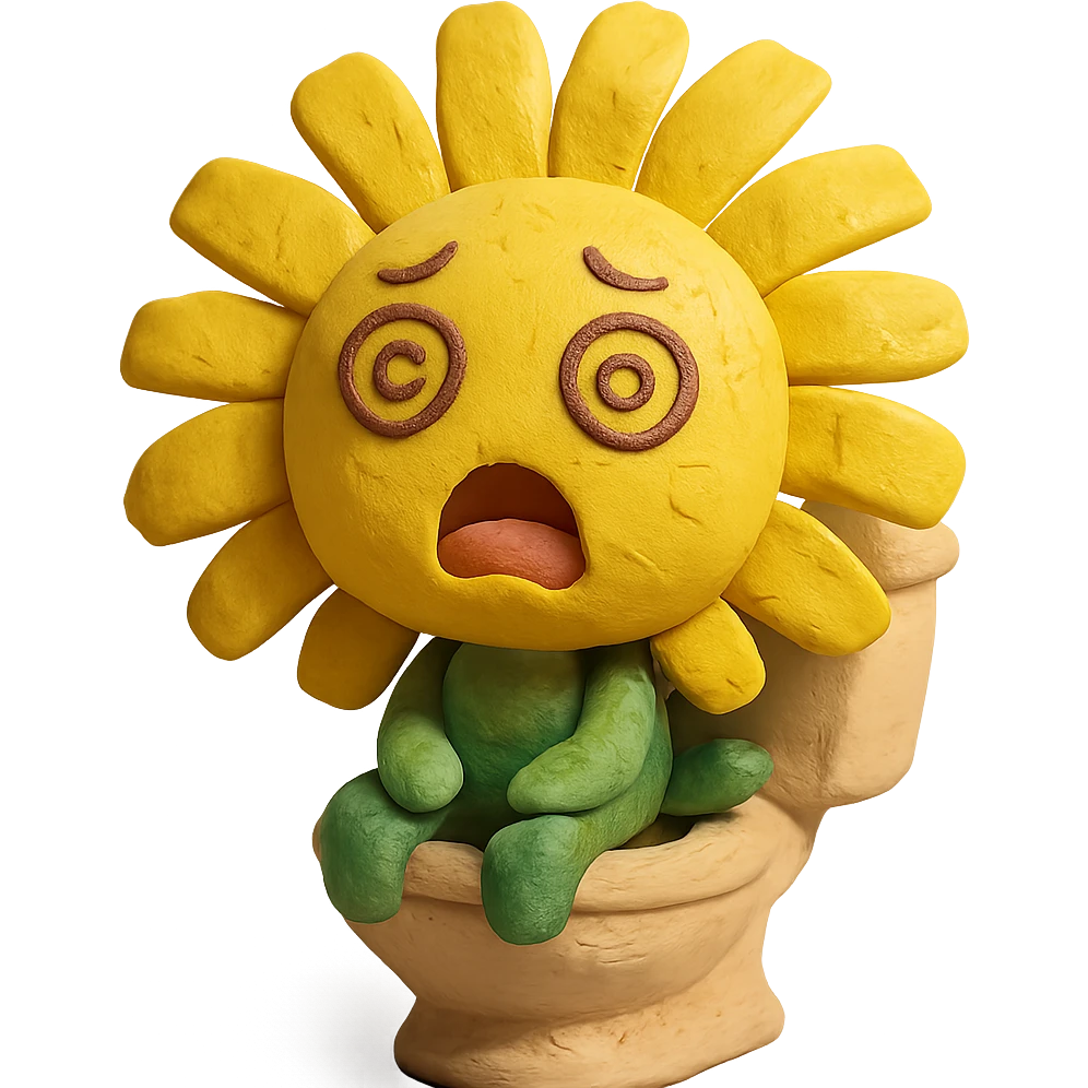 lemon yellow dandelion flower with a shocked face, sitting on a toilet with swirls in the eyes, soft colors, chibi expression emoji