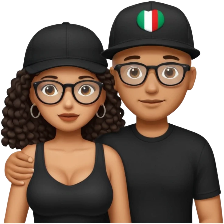 A picture of an embracing tanned couple. the man is a Mexican man with tanned skin, with a bald hair cut wearing a SnapBack hat and a black shirt. the woman wearing black glasses, with long curly dark brown hair and with big boobs.  emoji