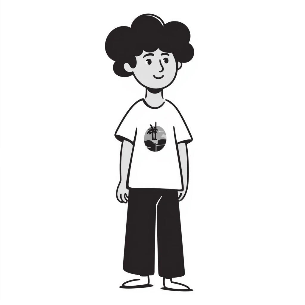 Teenage boy with messy curly hair, casual t-shirt, slight smile emoji