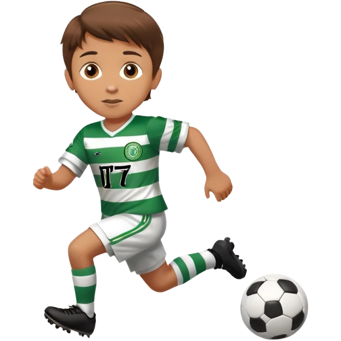 Celtic footballer jersey logo  6 years old brown hair white boy , brown eyes , stripes uniform , RUNNING  with soccer ball # 17 celtic football logo PUT ONLY ONE LOGO emoji