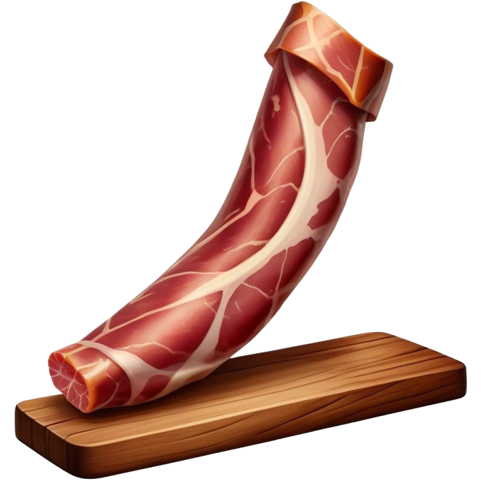 ​Cinematic Realistic Spanish Jamón Leg, depicted as a massive, cured leg of Jamón serrano (ham) with a deep reddish-brown hue, intricately marbled and slightly glossy with age, elegantly displayed on a rustic wooden stand and bathed in warm, soft lighting that accentuates its artisanal heritage, emoji