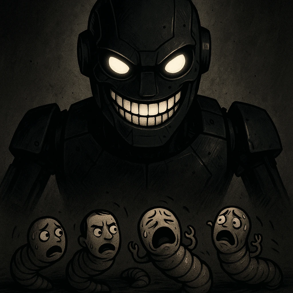 an AI with a wide, menacing grin, looking down at tiny human worms, conveying a sense of future domination and dark humor emoji