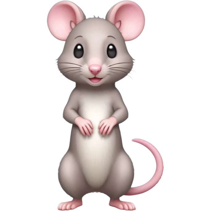 A 3D cartoon rat standing on its hind legs, gray fur, long pink tail, small round ears, curious smile, soft natural lighting, realistic yet cute Memoji-style. emoji
