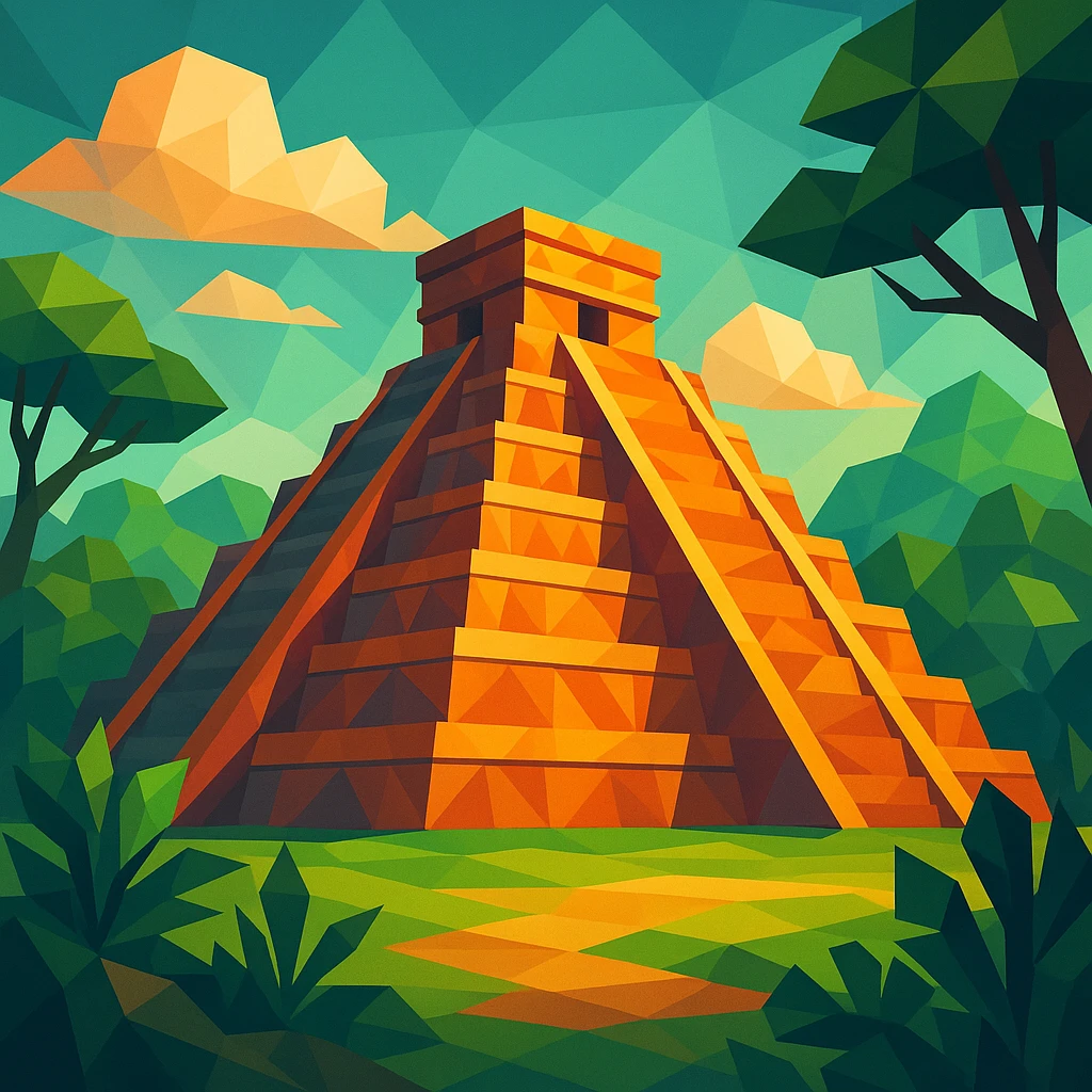 Mayan temple, geometric shapes, vibrant colors, jungle setting, polygonal low-poly style emoji